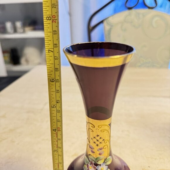 Vintage Amethyst Purple Glass Vase Hand Painted Floral Gold Enamel 7" - Picture 7 of 7